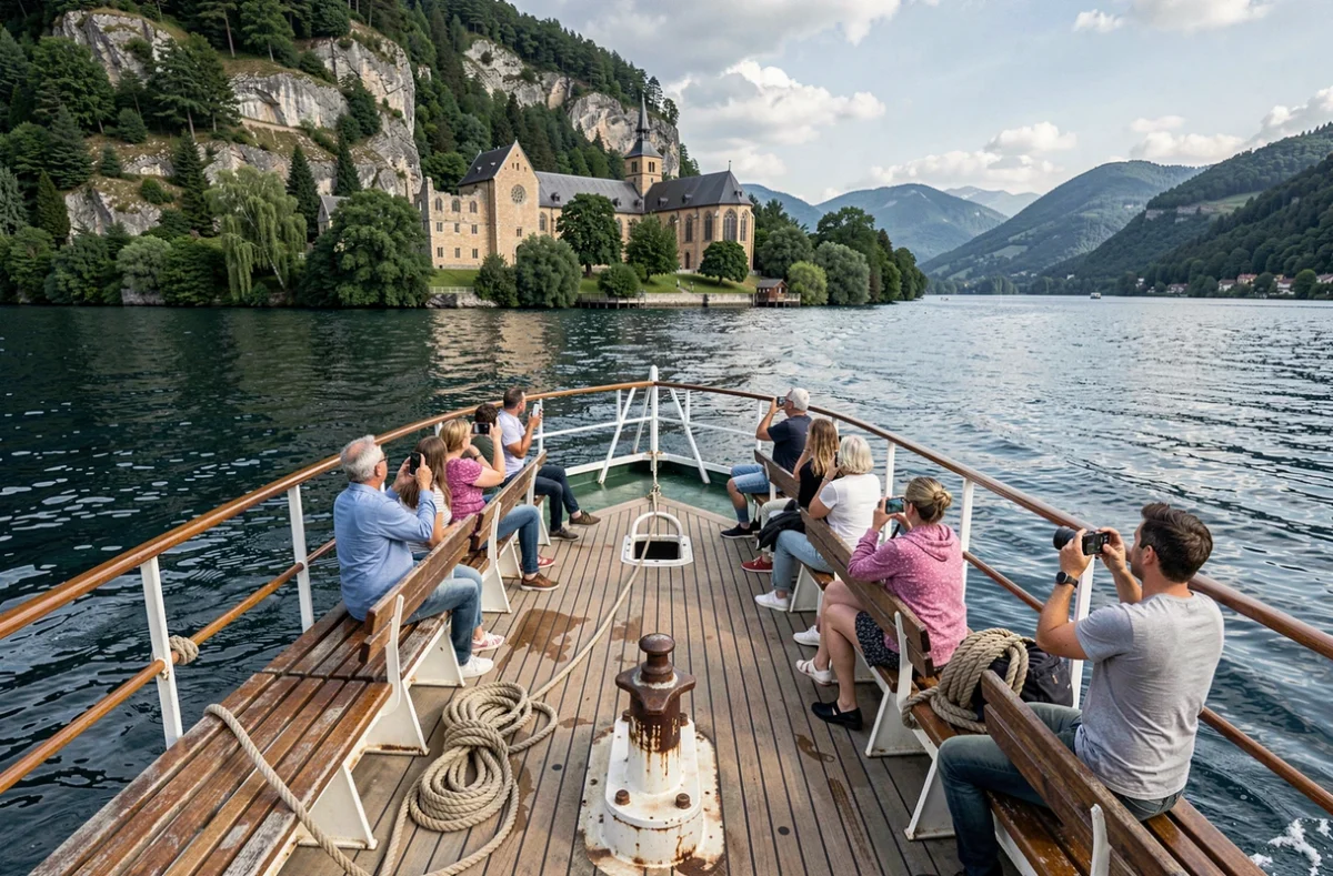 Vue depuis le pont d'un bateau de croisière approchant l'abbaye de Hautecombe sur le lac du Bourget
