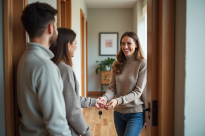 Femme souriante donnant une clé à un couple dans un hall moderne