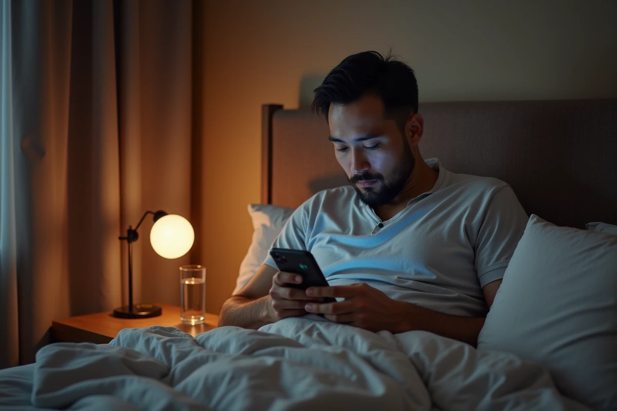 Homme ajustant son alarme de réveil pour adapter progressivement son sommeil avant un voyage transméridien
