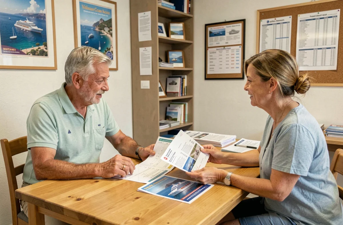 Couple consultant un agent de voyage sur les tarifs et formalités d'une croisière au départ de Marseille