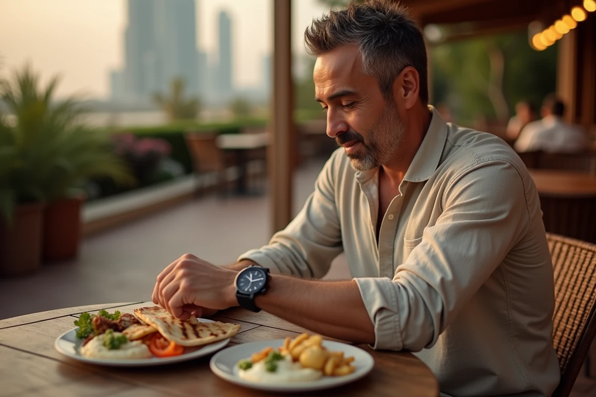 Homme consultant sa montre en dînant dans un restaurant de Dubaï pour ajuster ses repas à l'heure locale et combattre le jet lag