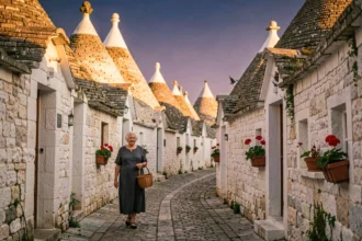 Ruelle pavée d'Alberobello avec les toits coniques des trulli au coucher du soleil et une femme âgée qui se promène
