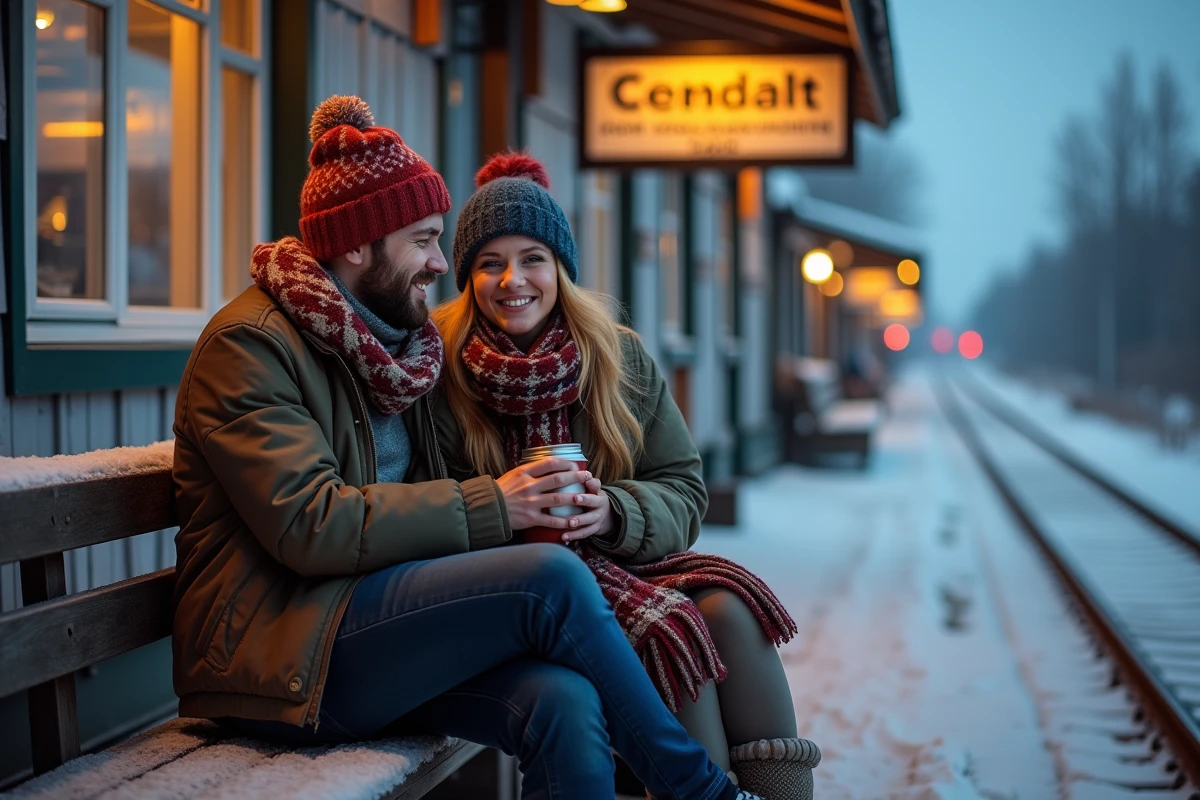 Deux amis souriants assis sur un quai enneige en Finlande