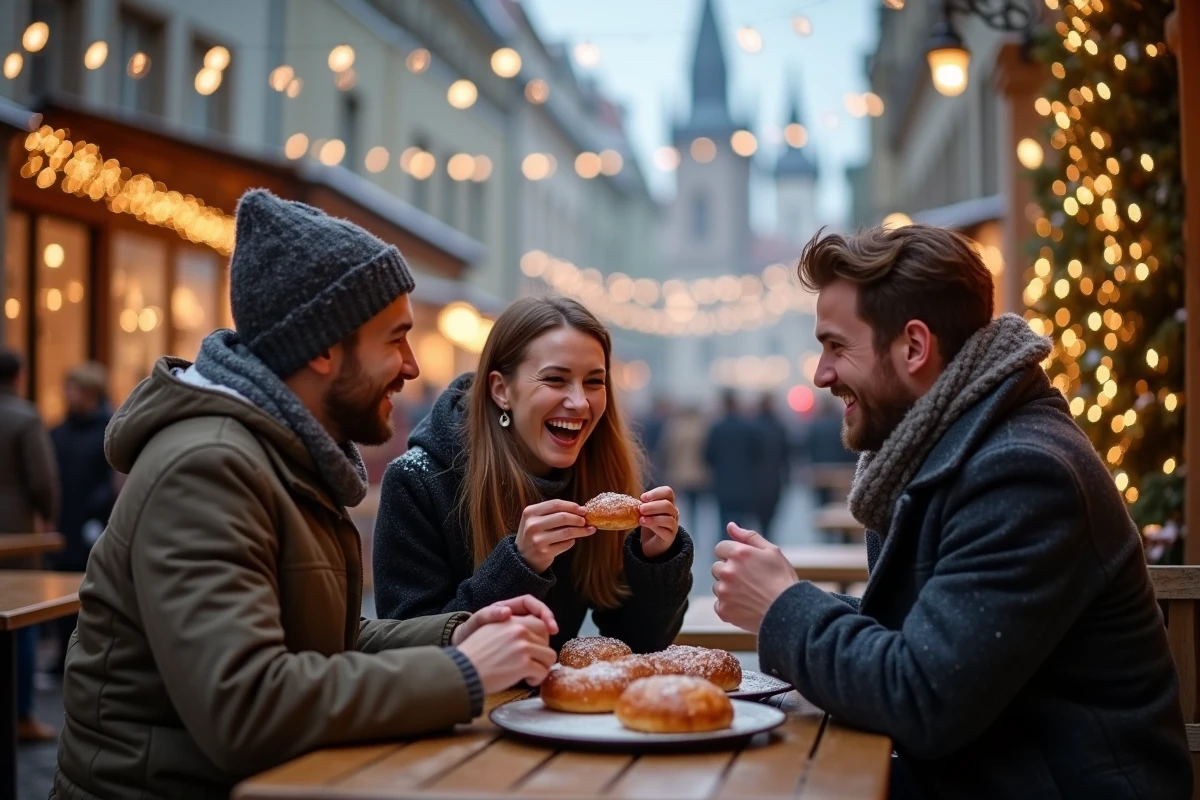 Groupe d amis dégustant des trdelník dans une rue de Prague
