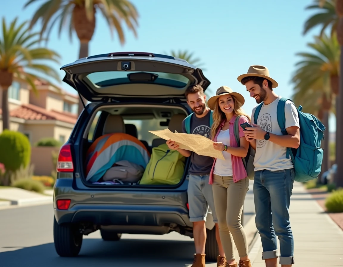 Trois amis prêts à partir en road trip pour le festival Coachella 2026 avec leur voiture chargée et un budget de voyage planifié