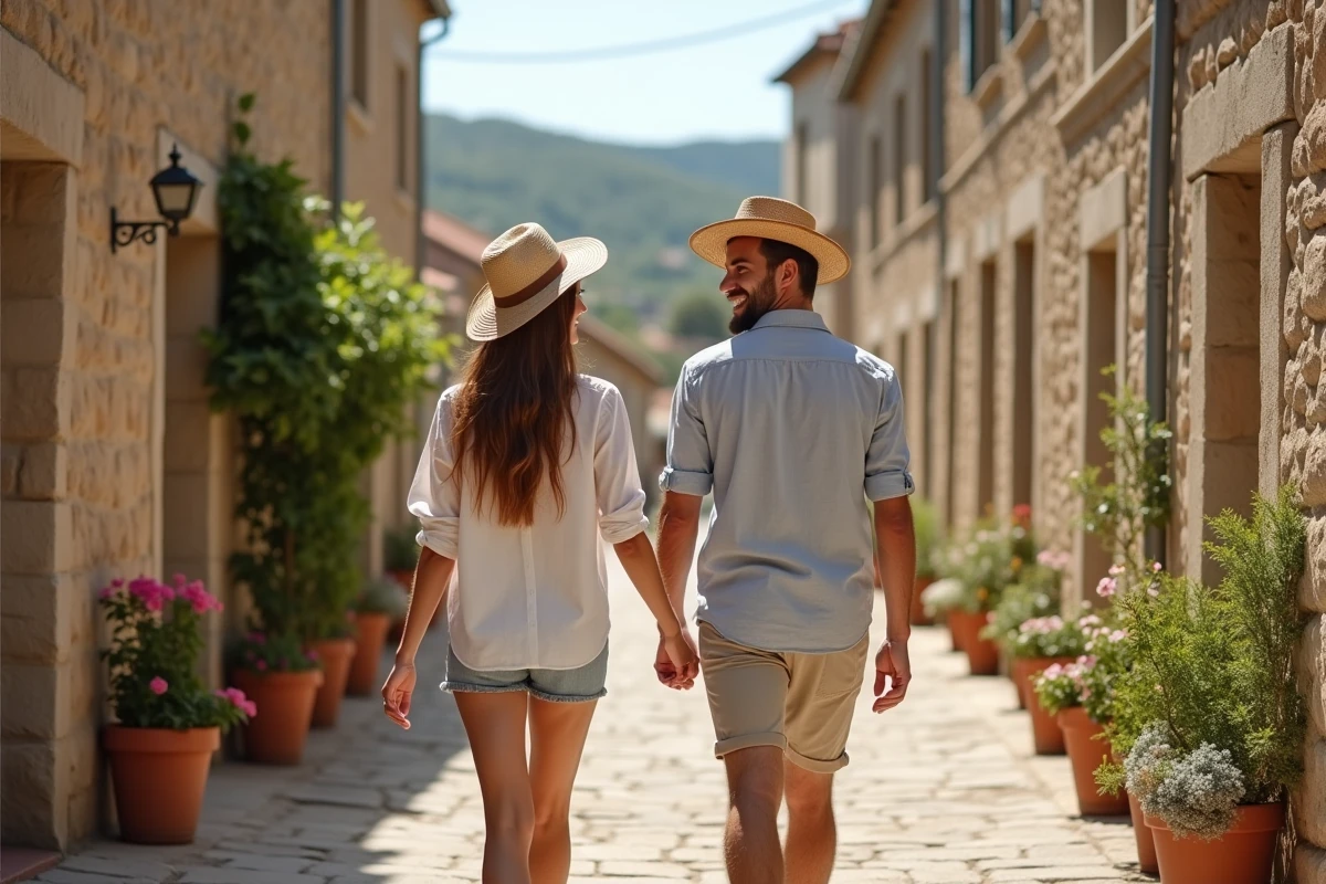 Deux amis marchant dans une ruelle en pierre à Gordes