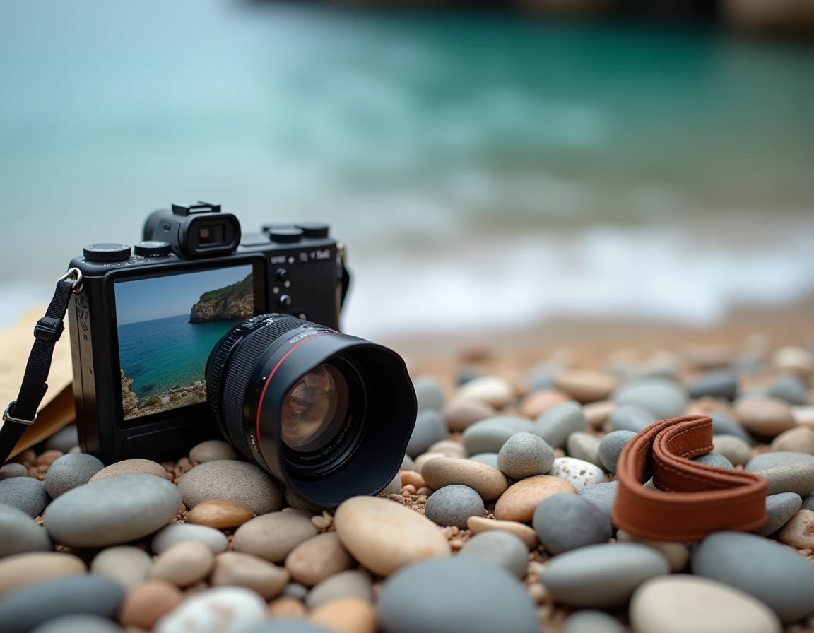 Appareil photo posé sur les galets de la plage de Cala d'Orzu avec la crique turquoise en arrière-plan flou, matériel de photographe au premier plan
