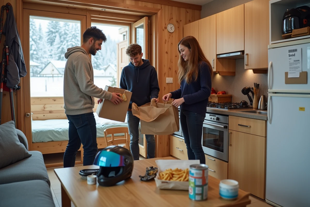 Groupe d'amis skieurs déballant des provisions dans un appartement économique de montagne pour un séjour ski petit budget