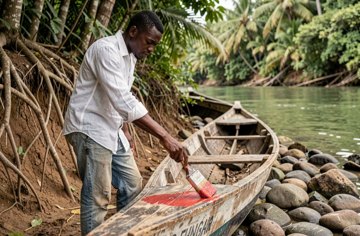 Jeune homme haïtien peignant une pirogue en bois au bord d'une rivière près du village de Ganere