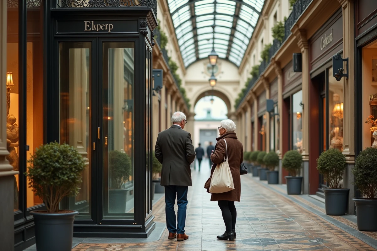 Couple de personnes âgées attendant devant un ascenseur accessible dans une galerie couverte de Paris