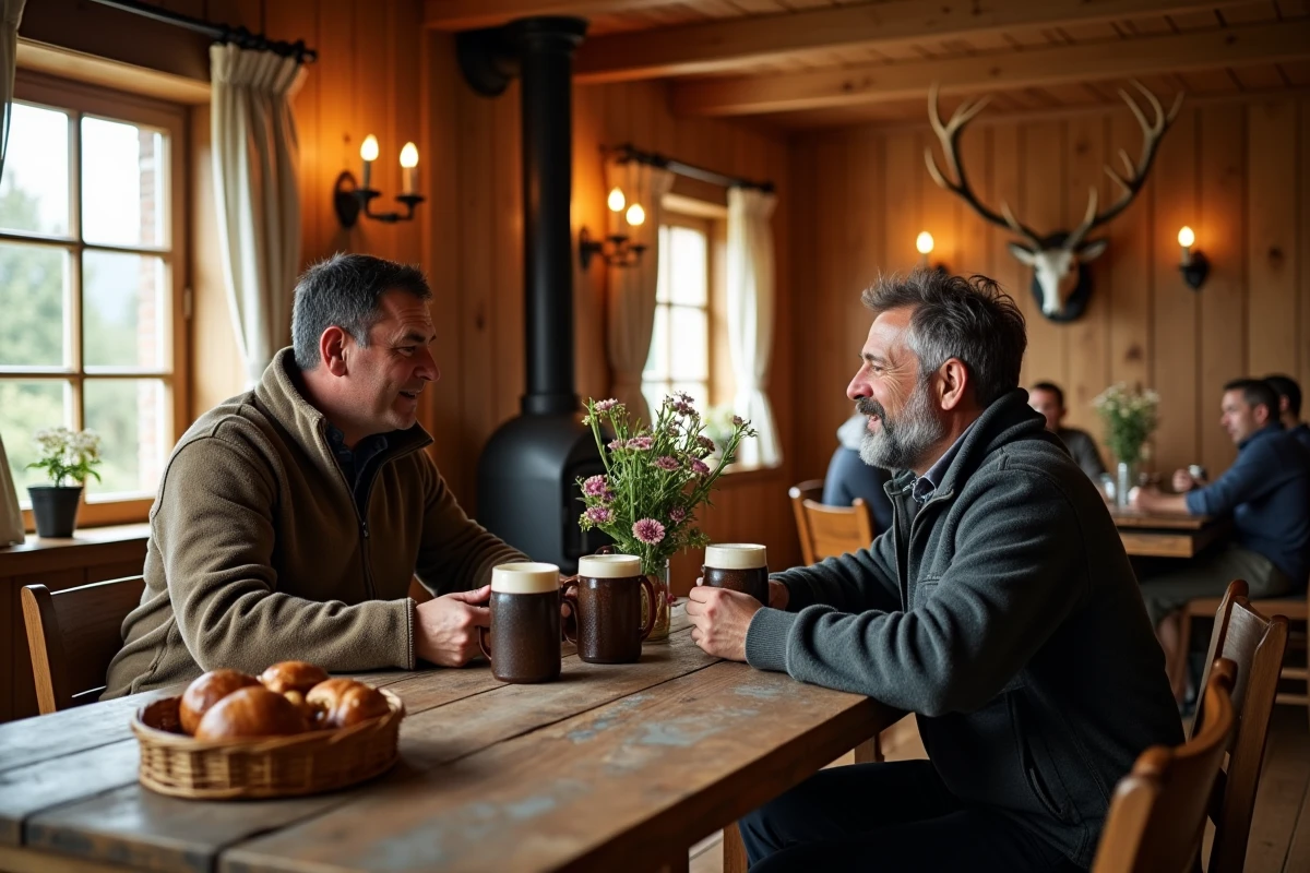 Intérieur d'une auberge bavaroise authentique avec deux hommes attablés devant des chopes de bière et des bretzels, ambiance chaleureuse en bois