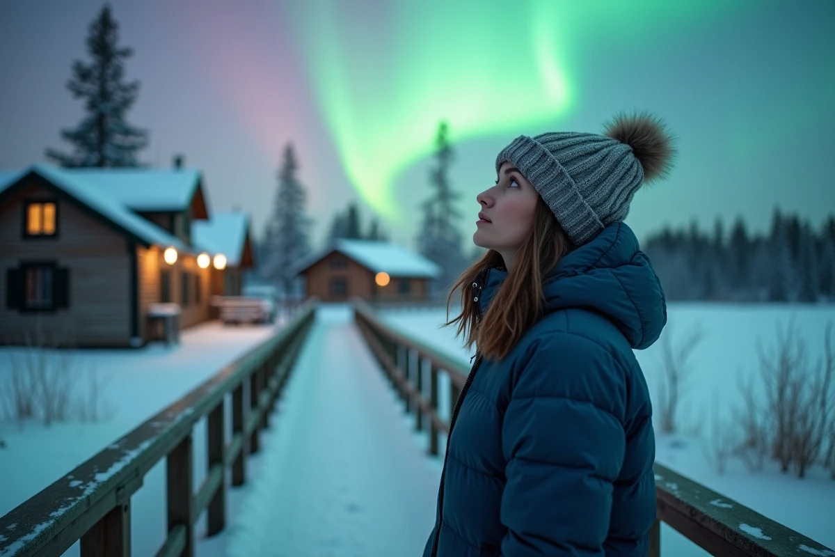 Femme regardant le ciel aurora dans un village finlandais enneige