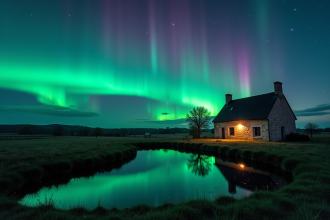 Aurores boréales illuminant un paysage rural français la nuit