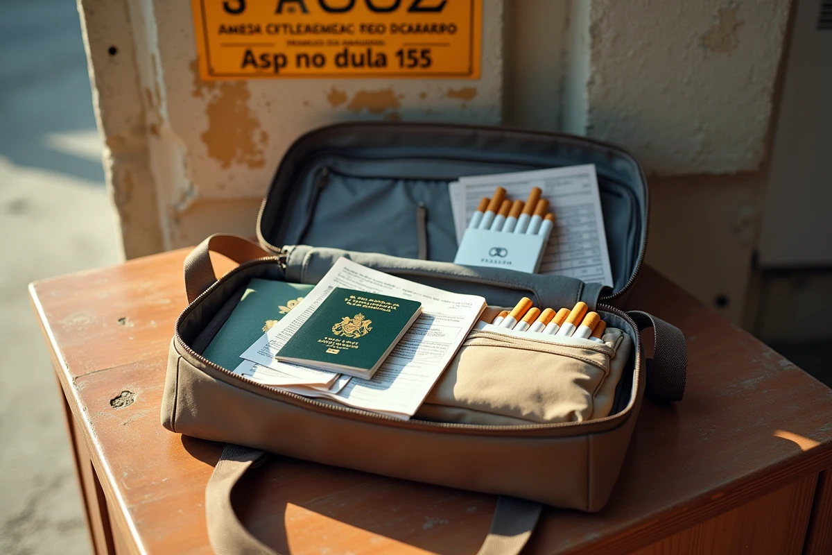 Sac de voyage ouvert avec des cartouches de cigarettes, un passeport français et une déclaration douanière à la frontière espagnole