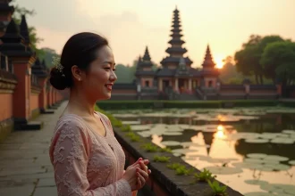 Femme balinaise en kebaya au coucher du soleil