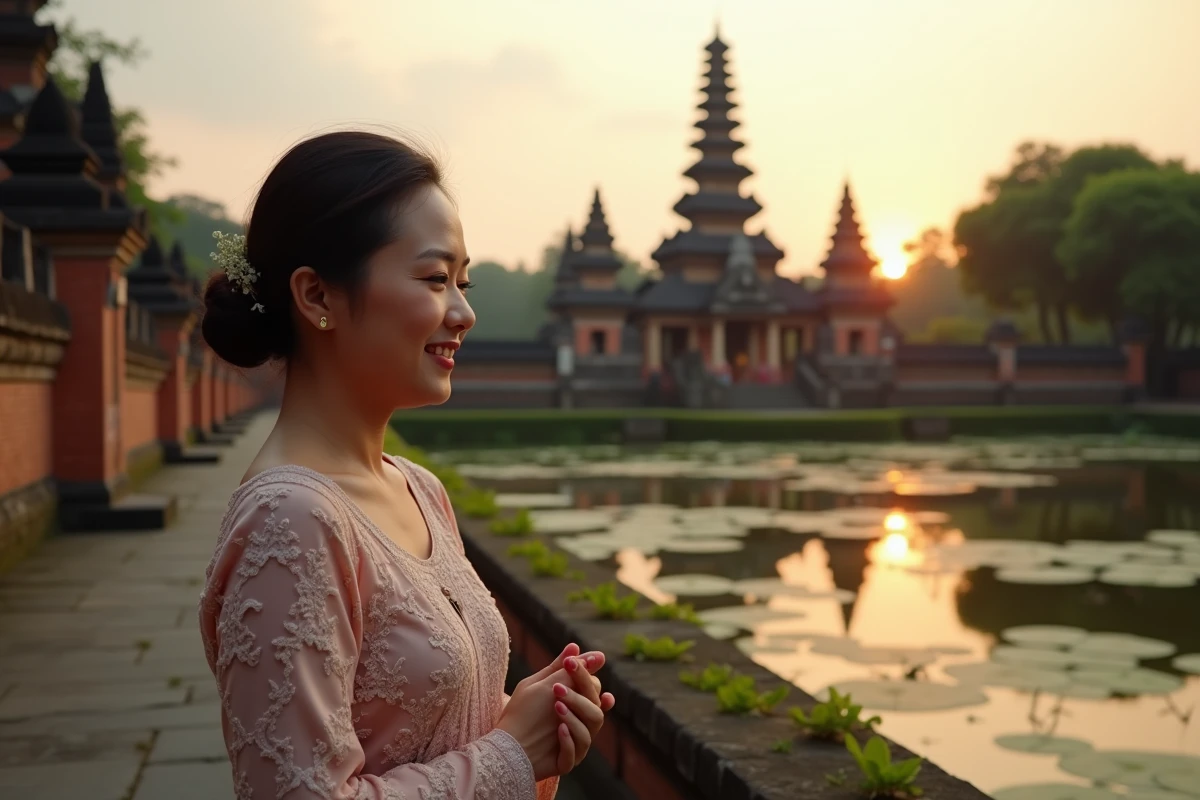 Femme balinaise en kebaya au coucher du soleil
