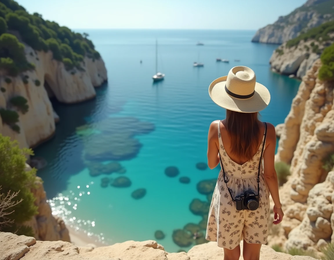 Femme photographiant la baie de Cala d'Orzu depuis un belvédère rocheux dominant la mer turquoise en Corse du Sud