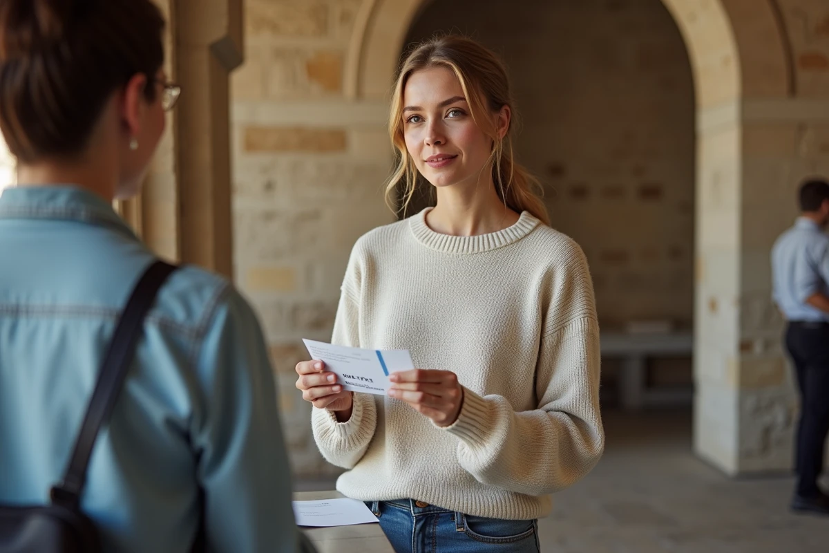 Jeune femme au guichet du château avec billet en main