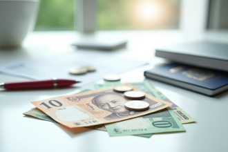 Billets et pièces de yen japonais sur une table blanche avec passeport