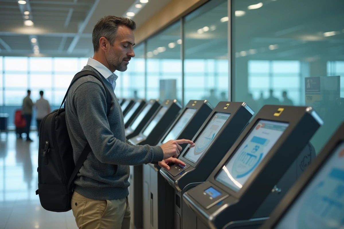 Voyageur utilisant une borne de contrôle automatique des passeports dans un terminal d'aéroport américain