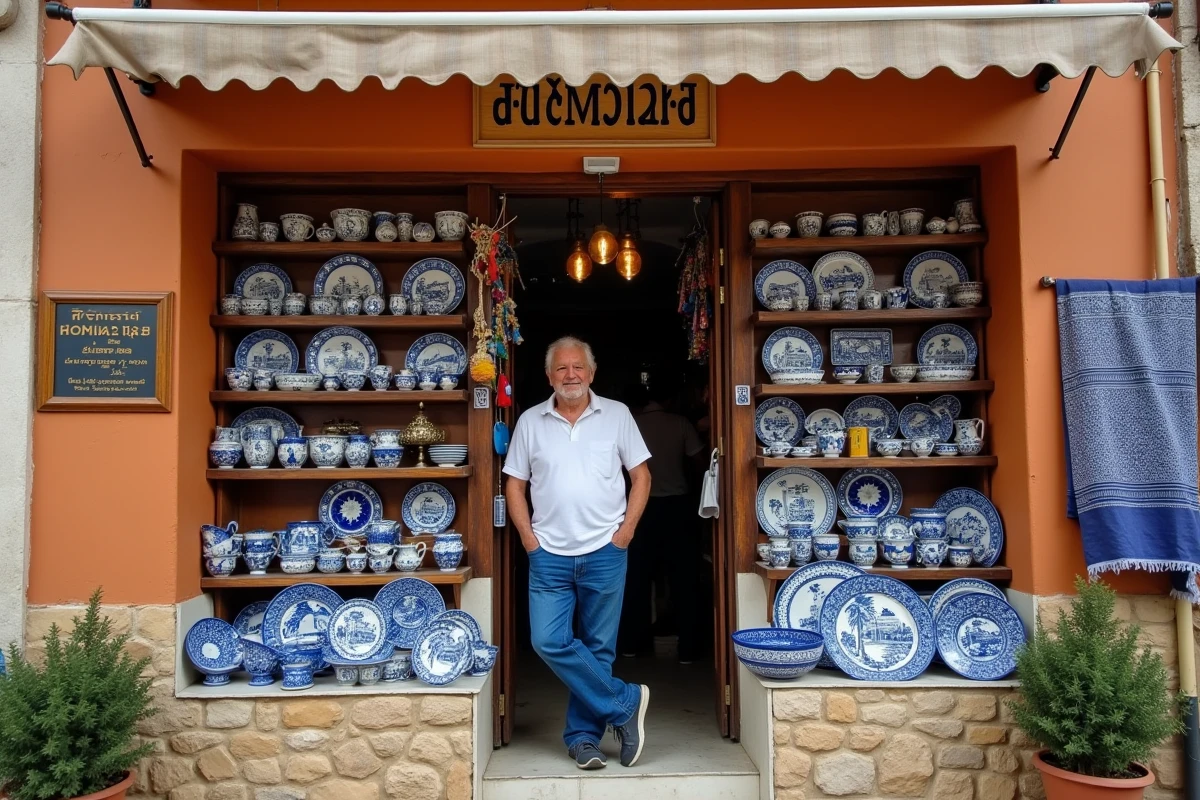 Boutique d'artisanat traditionnel grec dans le quartier Plaka à Athènes avec céramiques et porte-bonheur