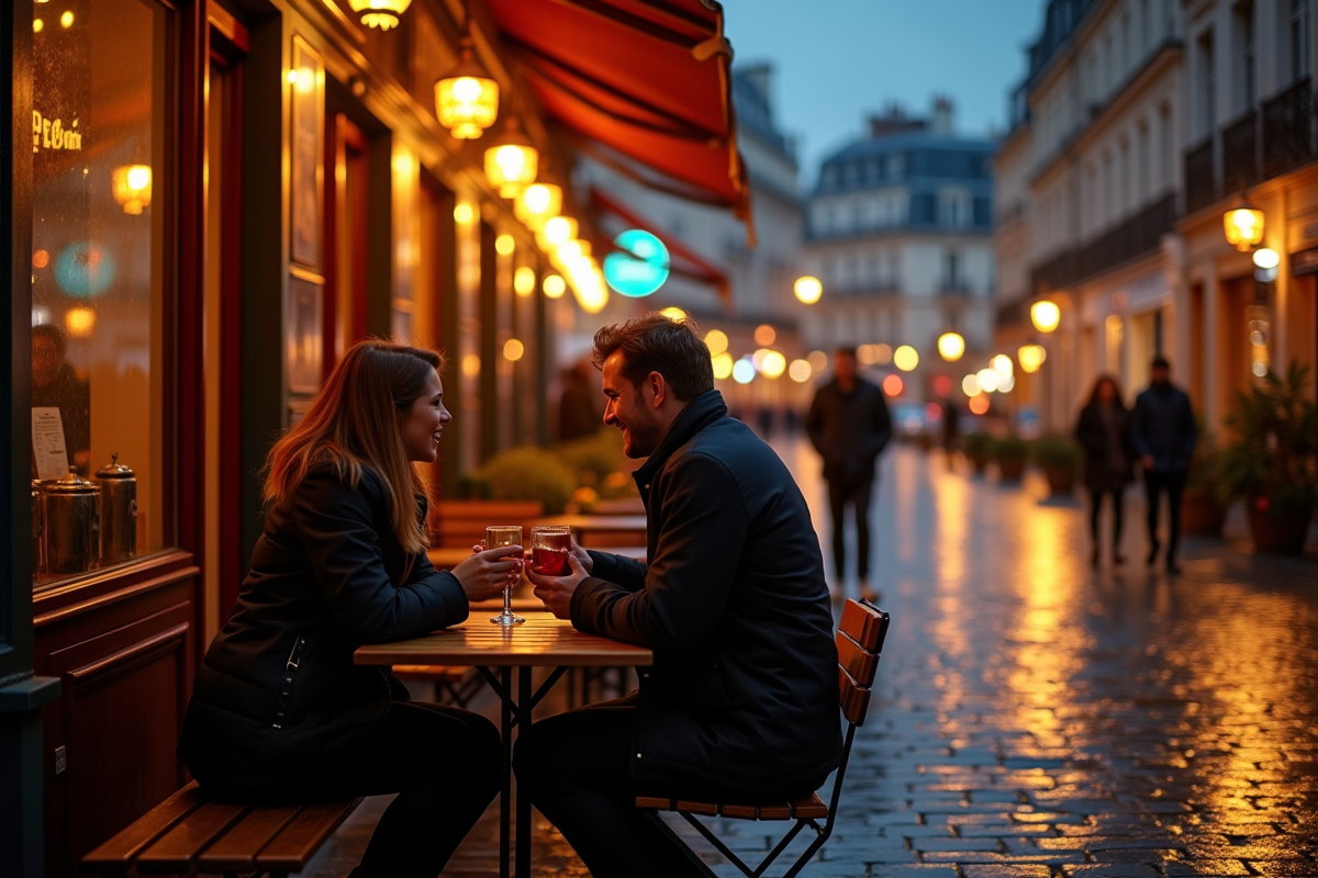 Couple dans un café parisien en soirée chaleureuse