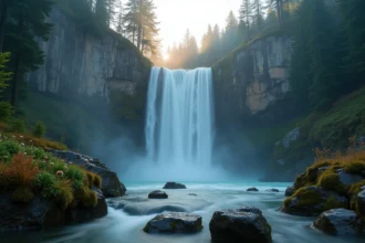 Cascade en Haute-Savoie au lever du soleil avec brume matinale et forêt alpine