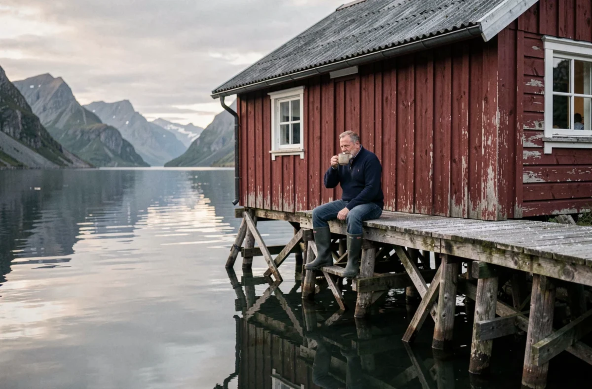 Chalet traditionnel rorbu rouge sur pilotis au bord d'un fjord des Lofoten en été, avec un homme assis sur le ponton en train de boire un café
