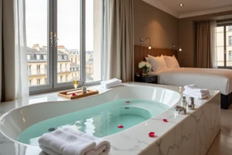 Chambre d'hôtel de luxe à Paris avec jacuzzi privatif en marbre blanc, pétales de rose et vue sur les toits haussmanniens