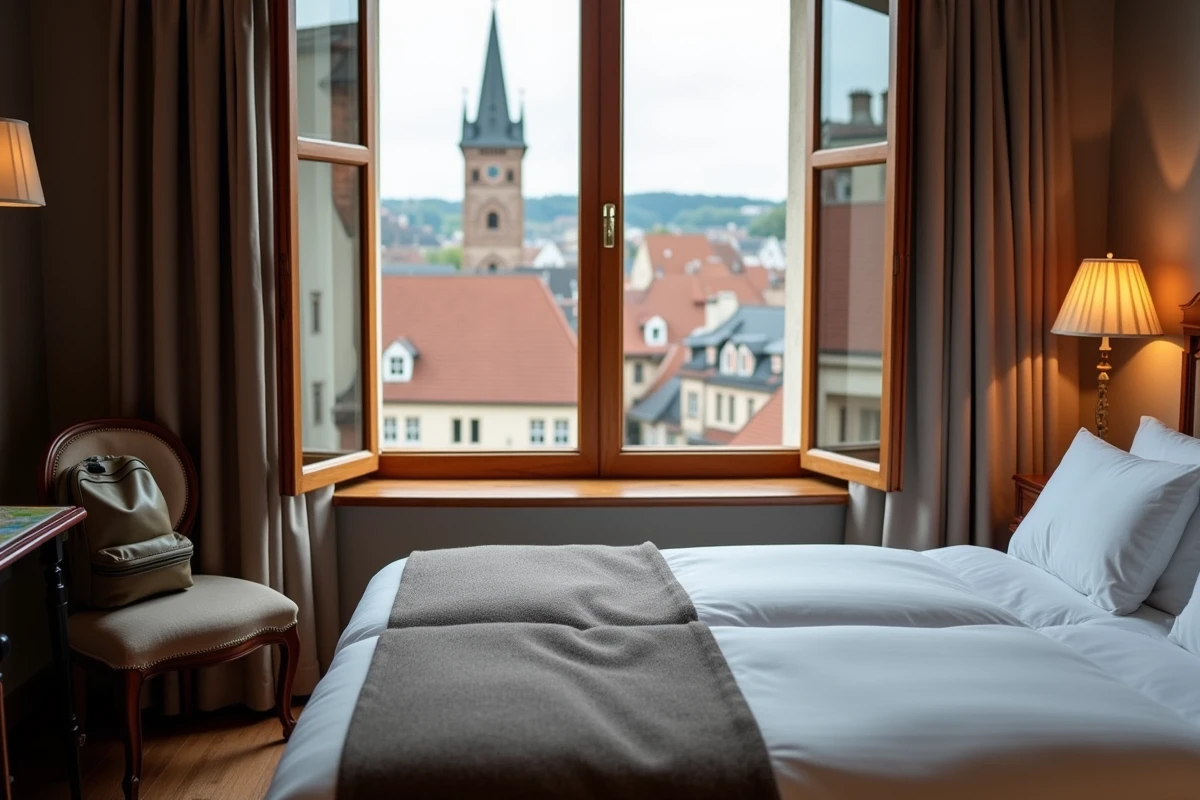 Chambre d'hôtel cosy avec vue sur la cathédrale de Speyer depuis la fenêtre