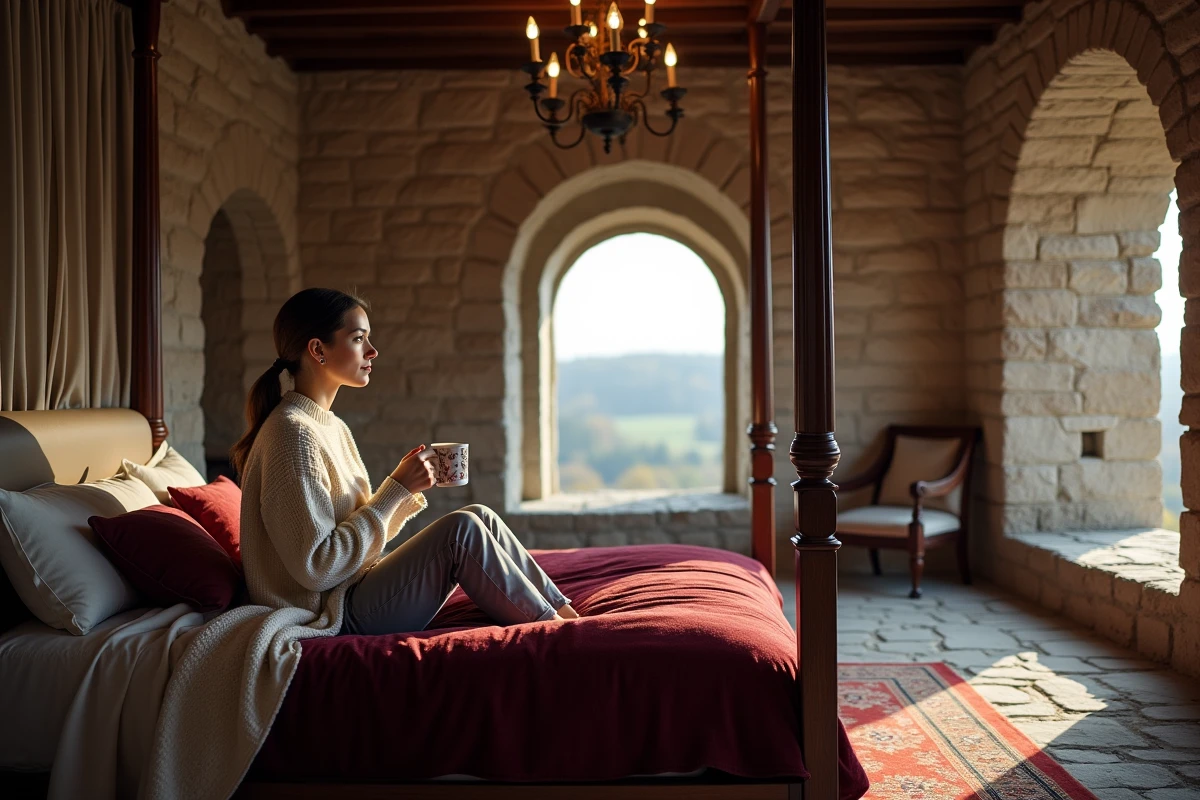 Chambre médiévale dans un château fort français avec fenêtre en arc et décoration authentique