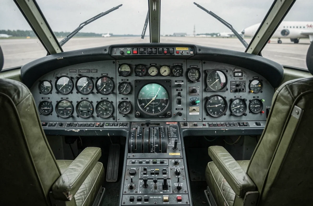 Tableau de bord du cockpit du Concorde avec ses instruments analogiques dont l'indicateur de nombre de Mach, photographié en détail dans un avion de musée