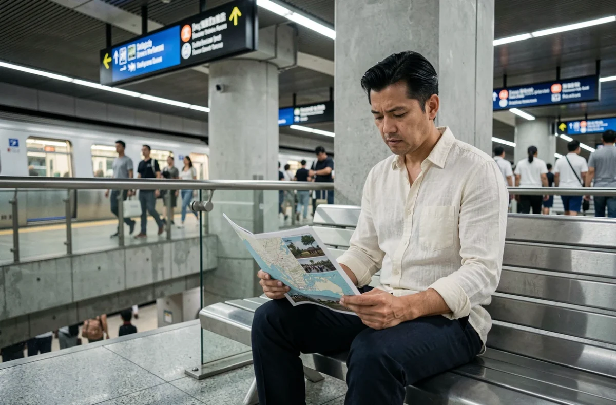 Voyageur consultant une carte des grandes villes de Malaisie dans une station de métro moderne de Singapour