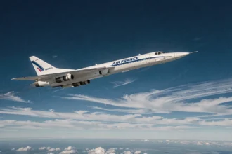 Le Concorde d'Air France en vol supersonique à haute altitude au-dessus des nuages, vue extérieure du fuselage blanc et des ailes delta caractéristiques