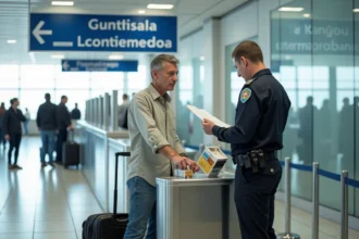 Voyageur présentant un carton de cigarettes à un agent des douanes espagnoles à l'aéroport lors d'un contrôle douanier