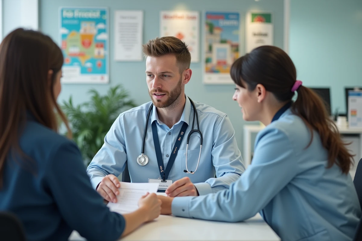 Jeune coordinateur médical aidant un patient dans un bureau lumineux