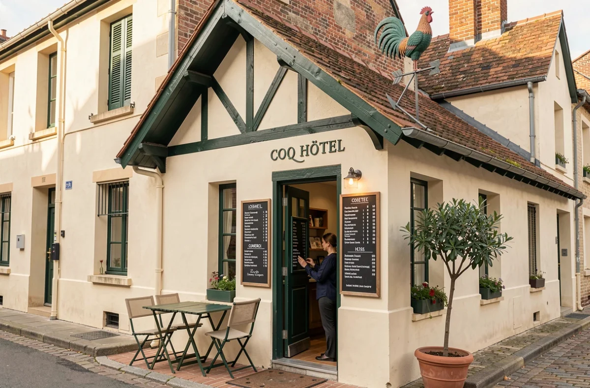 Façade du Coq Hôtel avec devanture crème, boiseries vertes et girouette en forme de coq