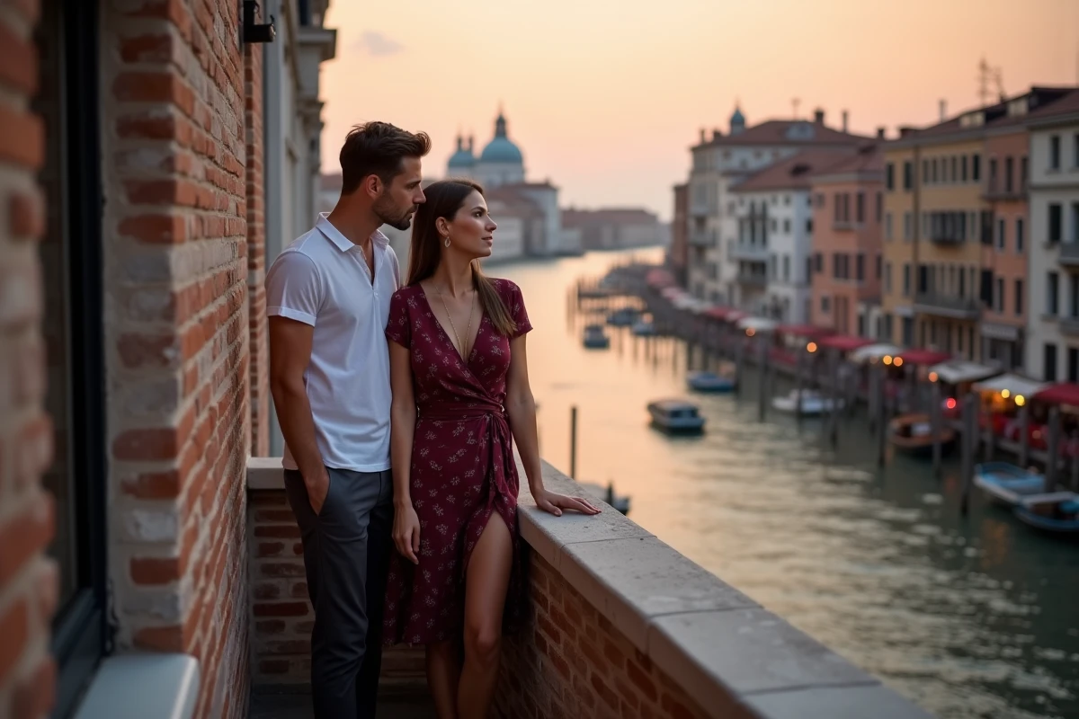 Couple amoureux sur un balcon avec vue sur le Grand Canal et la Salute à Venise