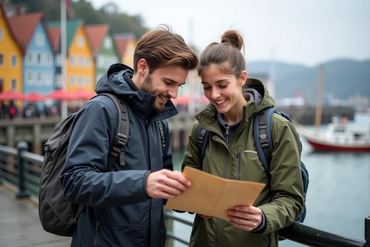 Jeune couple avec carte à Bryggen Bergen Norvege