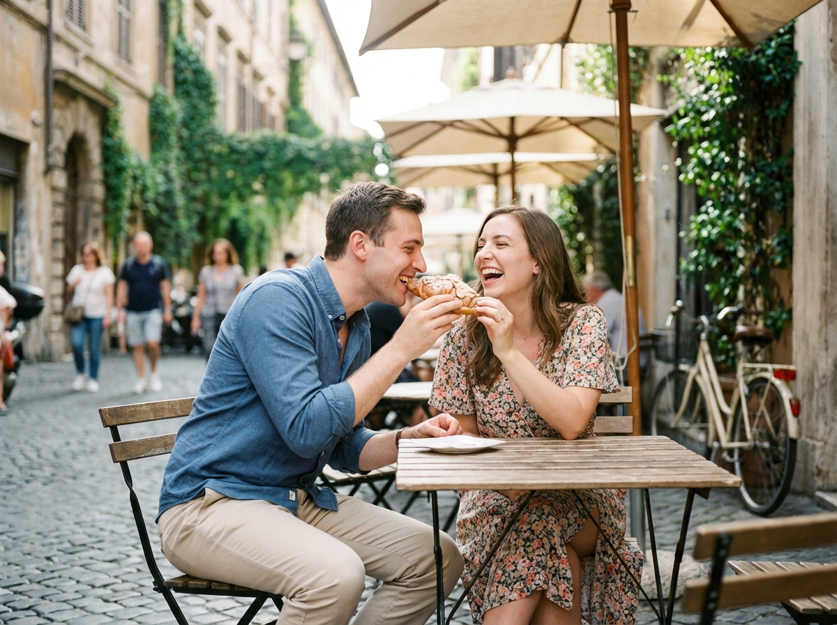 Jeune couple souriant au café en Europe
