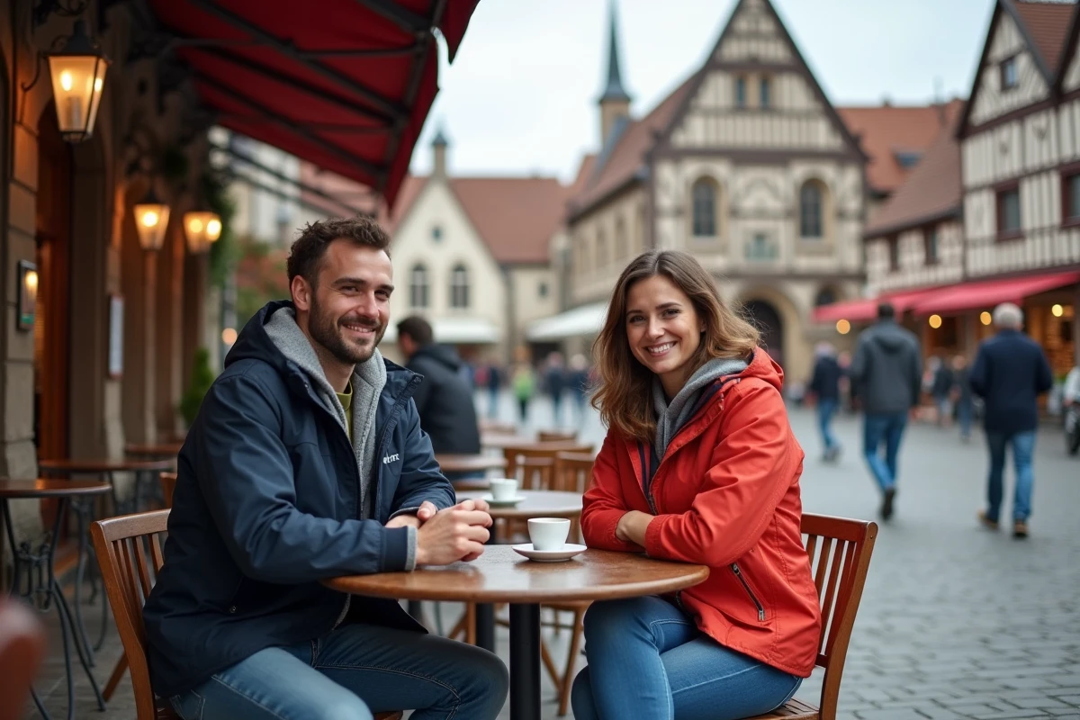 Jeune couple souriant au café dans la place SainteCatherine