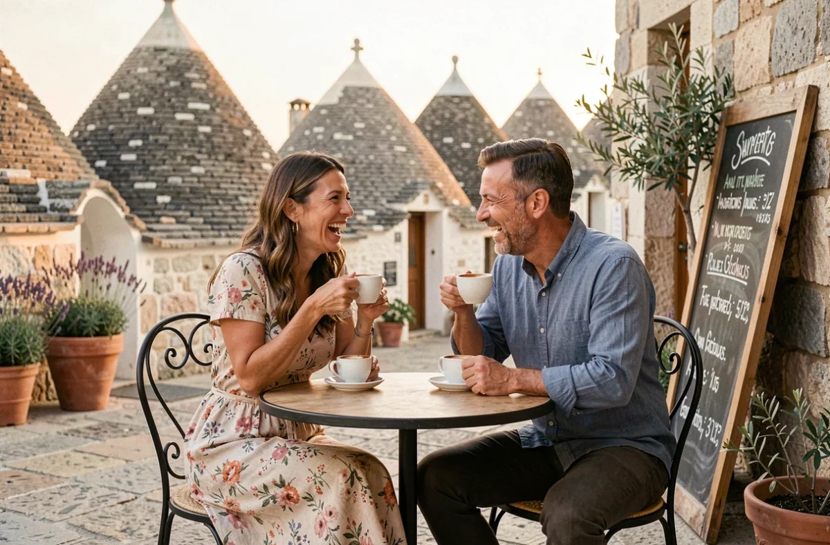 Couple attablé dans un café en plein air à Alberobello avec les trulli des Pouilles en arrière-plan au coucher du soleil