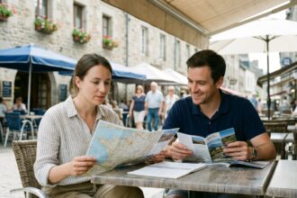 Couple jeune regardant une carte de France au café