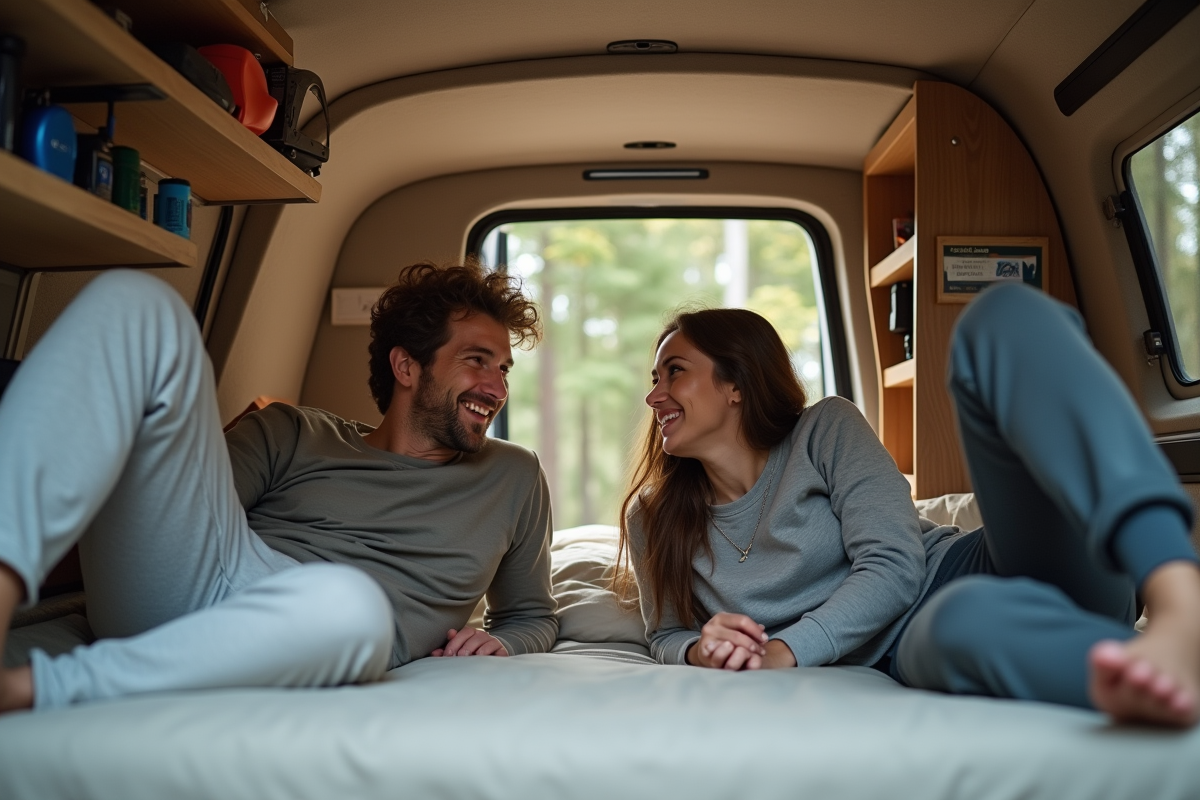 Jeune couple dans un van en forêt souriant