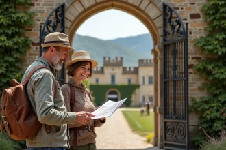 Couple souriant devant le château de Requesens en extérieur