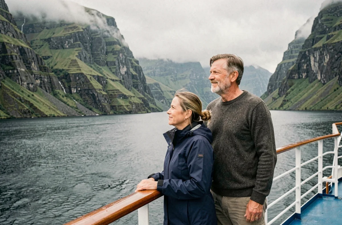 Couple de voyageurs admirant un fjord depuis le pont d'un bateau de croisière en Europe du Nord