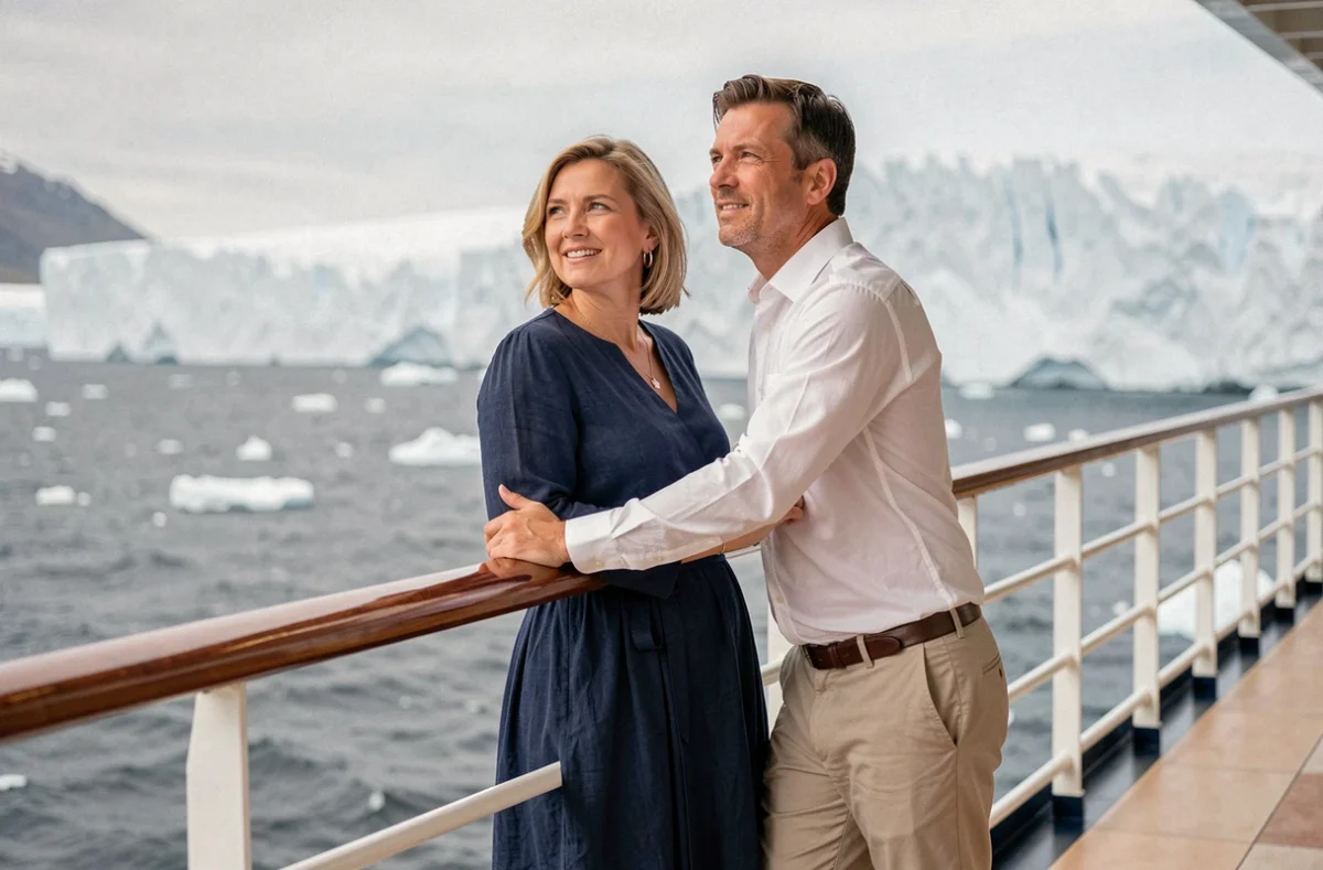 Couple élégant profitant d'une croisière de luxe sur le pont d'un bateau Ponant face à un glacier