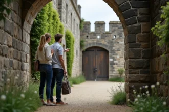 Couple découvrant l'entrée d'un château fort médiéval en France pour y passer la nuit