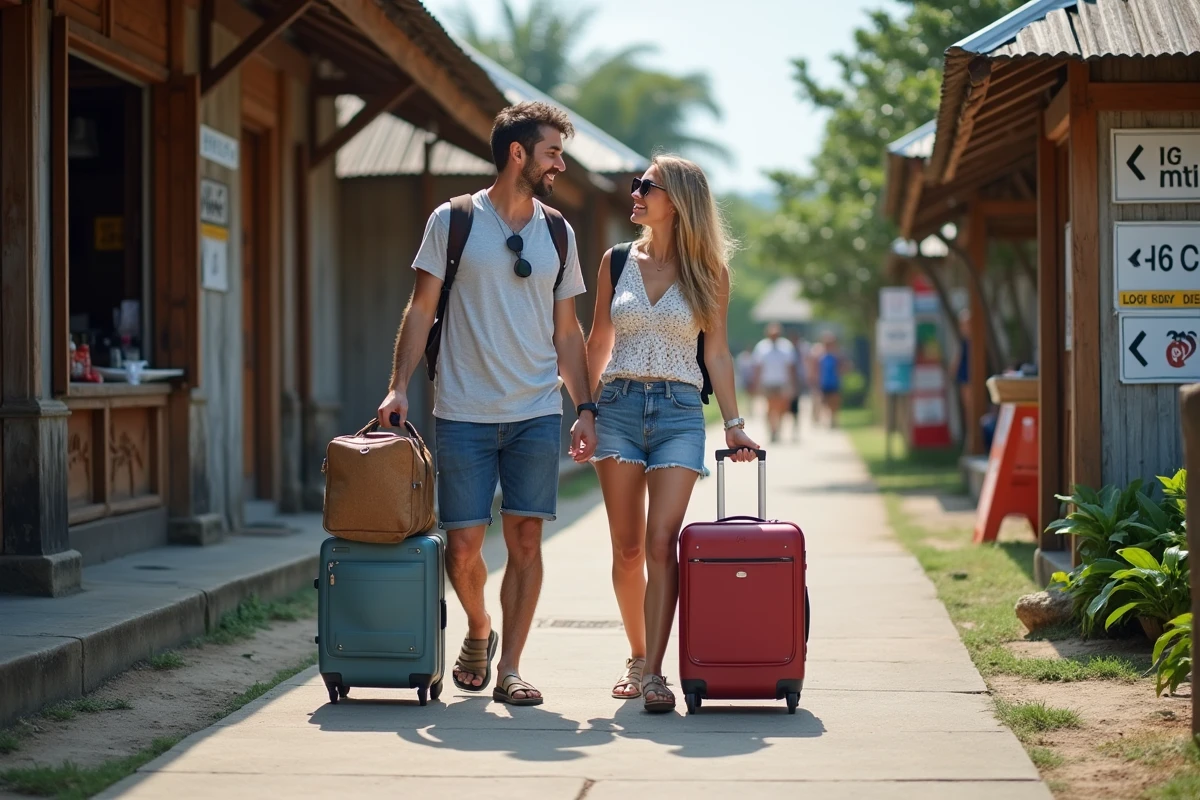 Couple européen avec valises dans le port de Padangbai