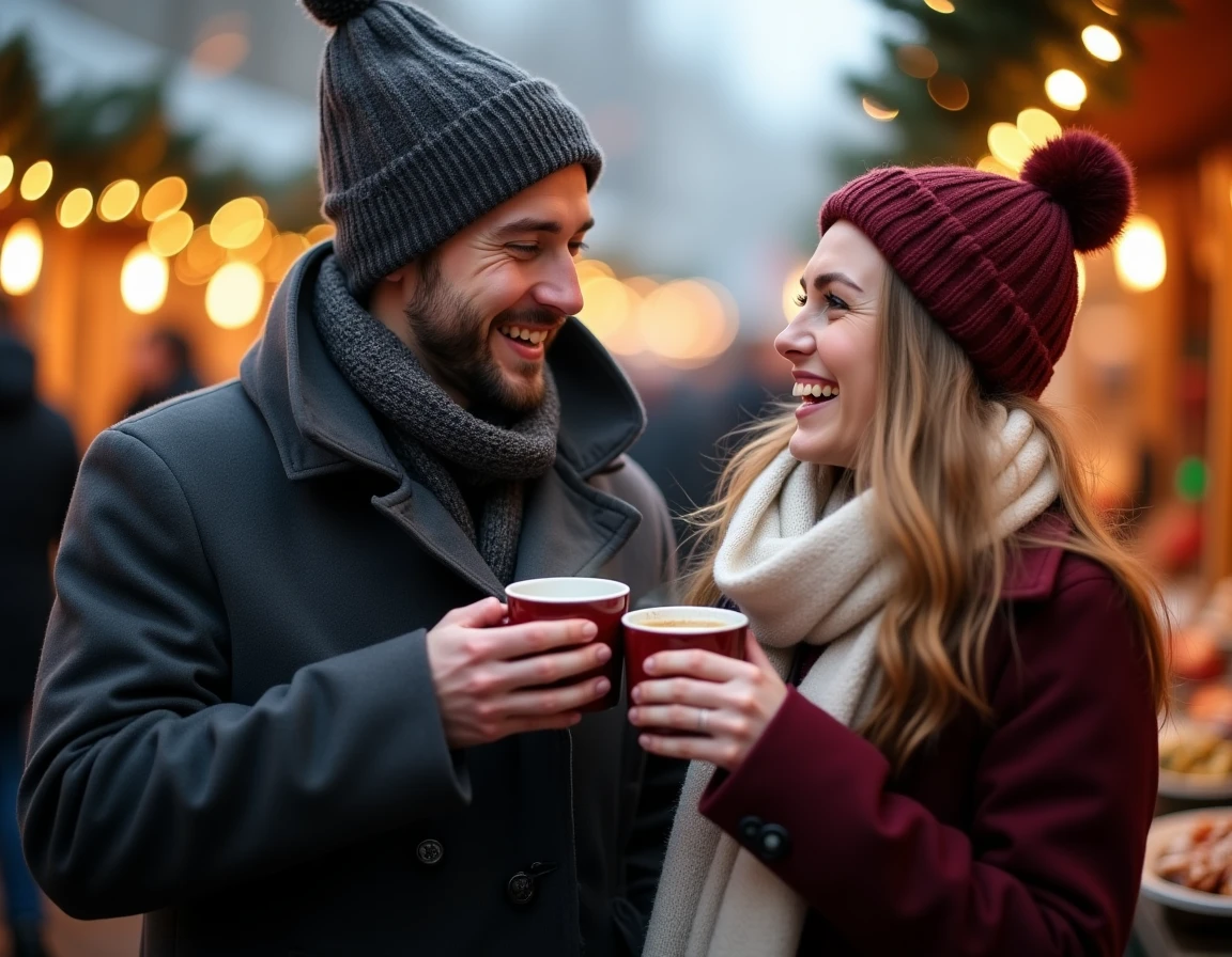 Couple partageant un Glühwein chaud lors d'un marché de Noël en Allemagne